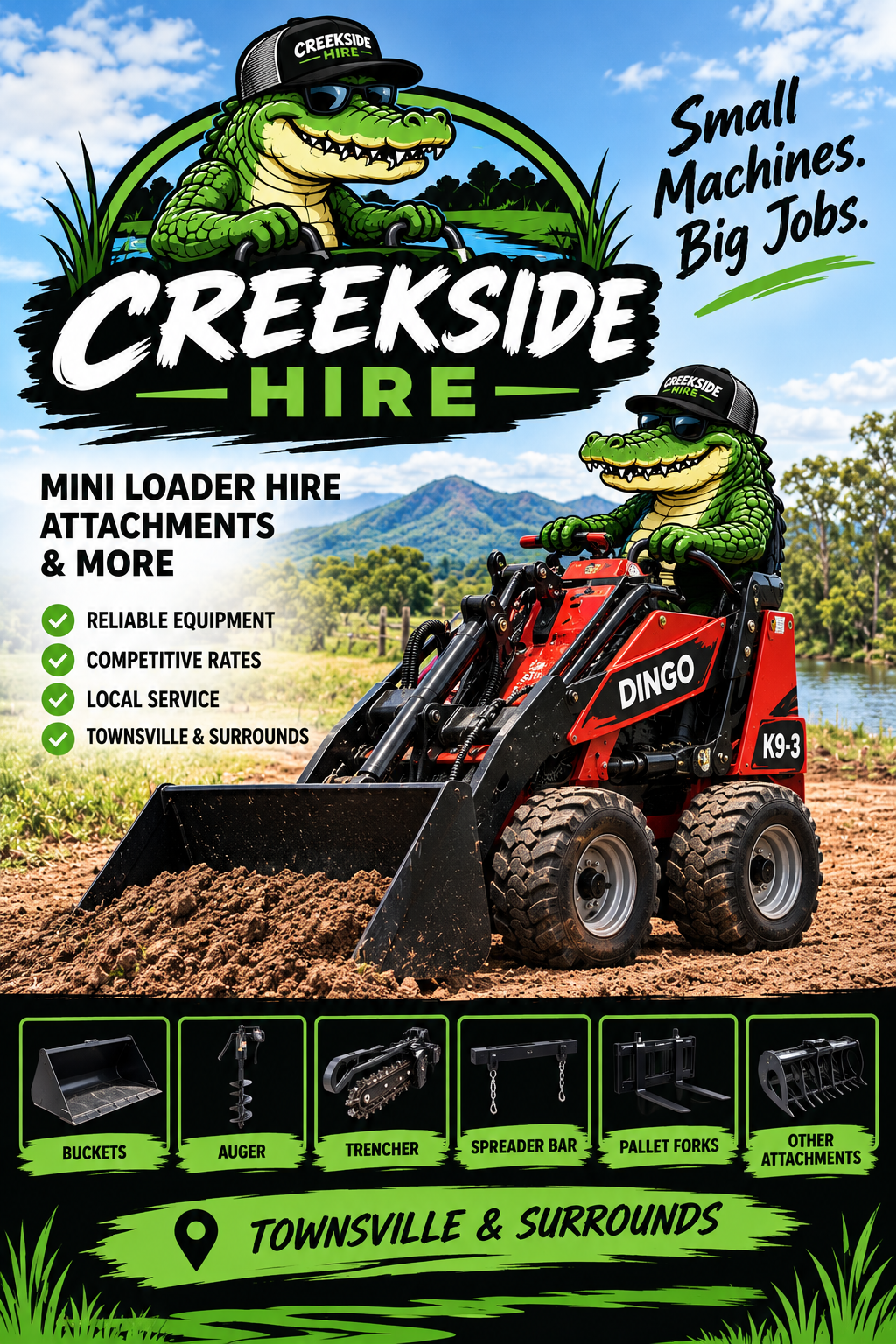 Creekside Hire crocodile branding, Small Machines. Big Jobs.