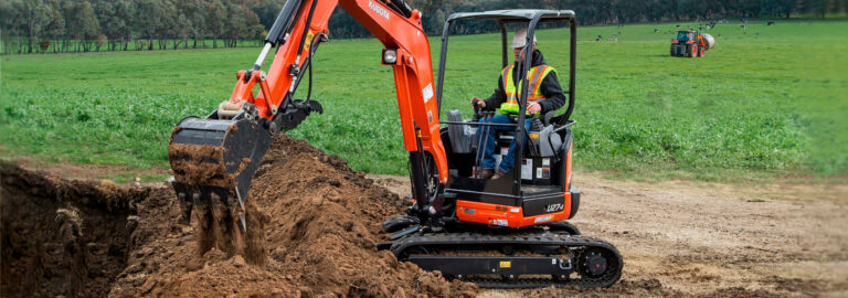 Manufacturer example of a Kubota U27-4 canopy excavator; actual hire configuration to be confirmed.